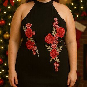 Symphony Halter Dress Women 1XL Black Embroidered Roses Formal Wedding NWT Gift